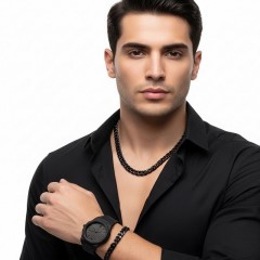 ست مردانه ساعت و دستبند و گردنبند solid black-مشکی